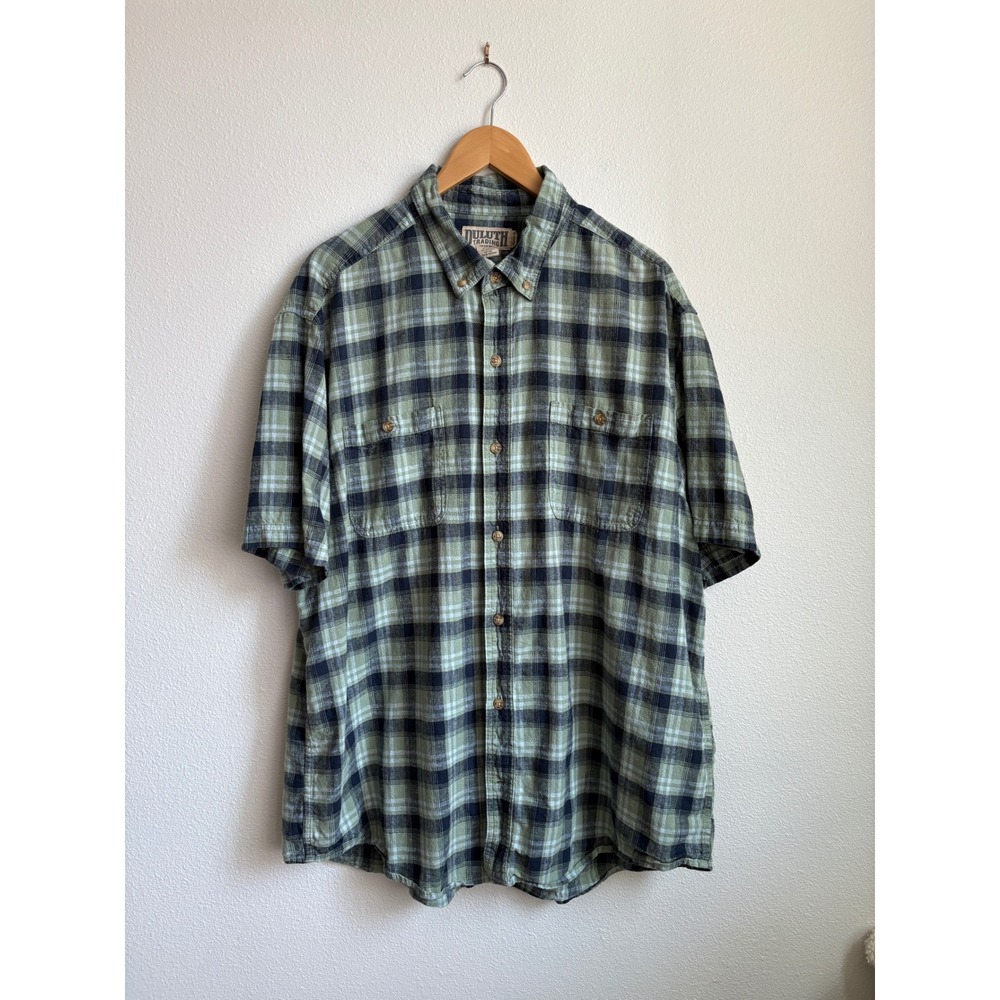 Duluth Trading Co Mens XL Relaxed Fit Hemp Organic Cotton Plaid SS Shirt Green
